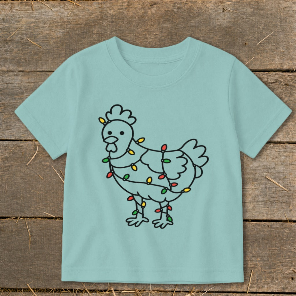 Light blue t-shirt with a black outline drawing of a chicken wrapped in colorful Christmas lights.