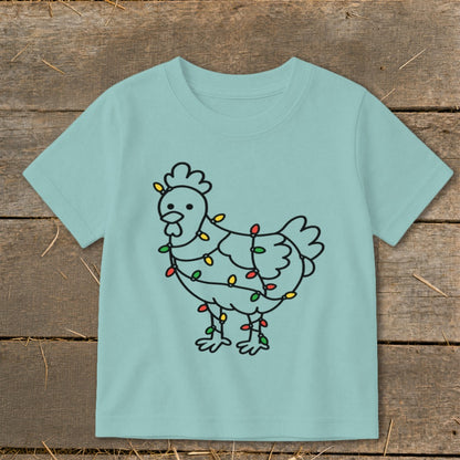 Light blue t-shirt with a black outline drawing of a chicken wrapped in colorful Christmas lights.