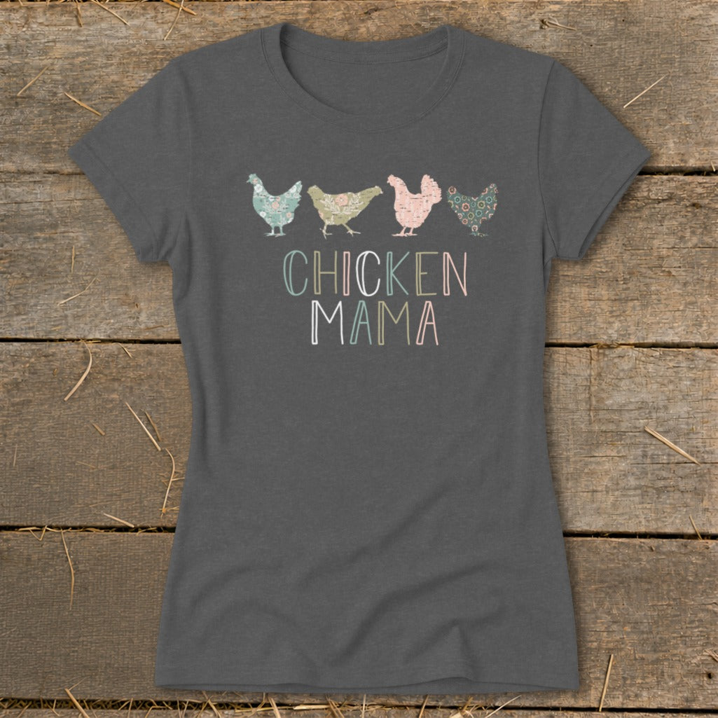 Grey t-shirt with "Chicken Mama" text and four floral pattern chickens.