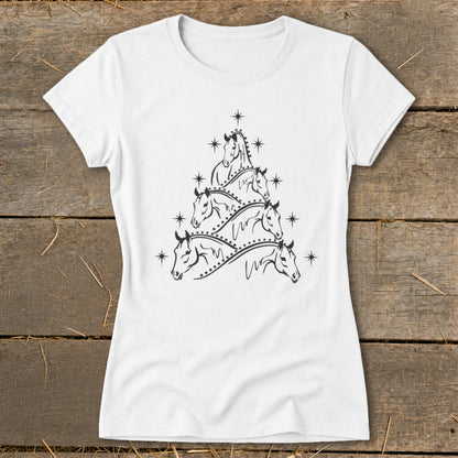 White t-shirt with black horse heads forming a Christmas tree shape.