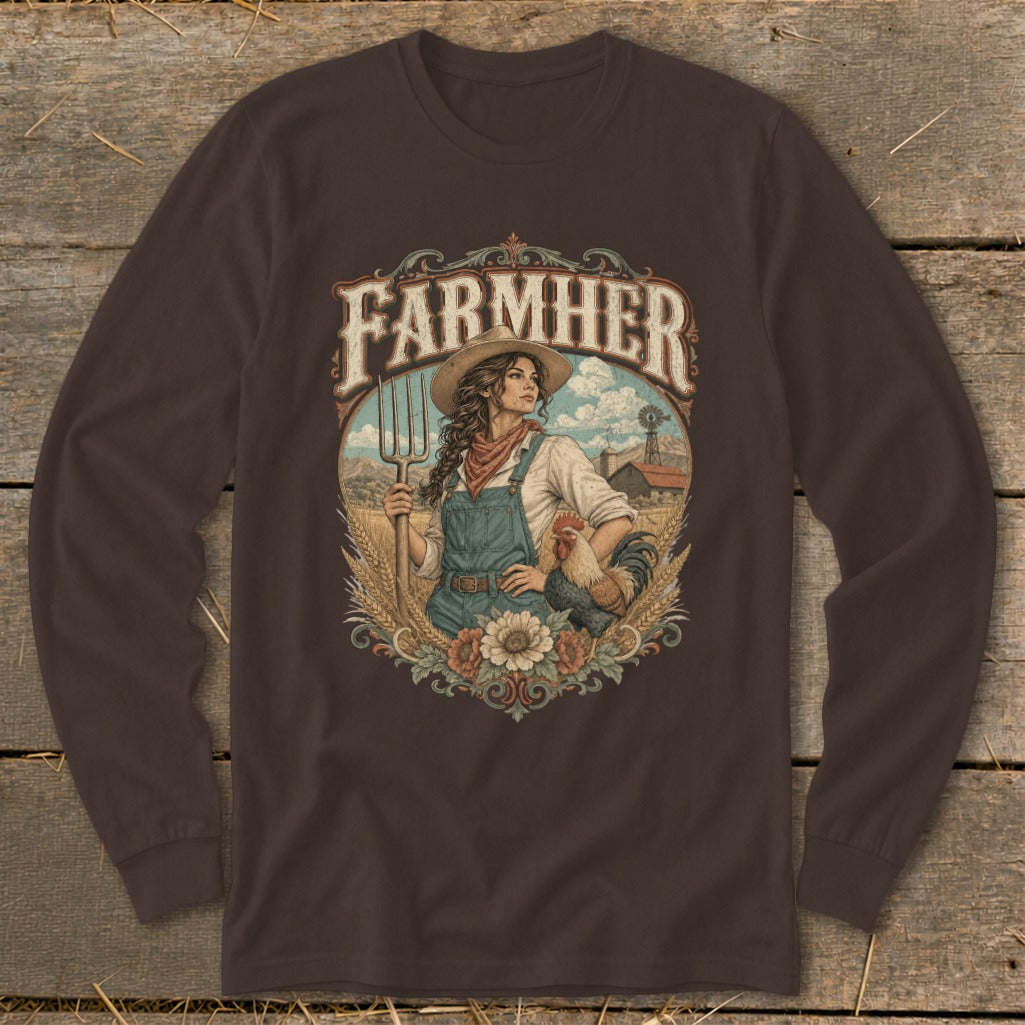 Farmer graphic with "FARMHER" text, a woman with a pitchfork, and a rooster.