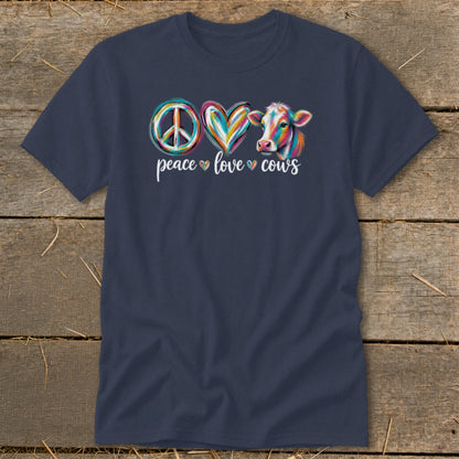 Navy t-shirt with peace, heart, and cow art with "peace love cows" text.