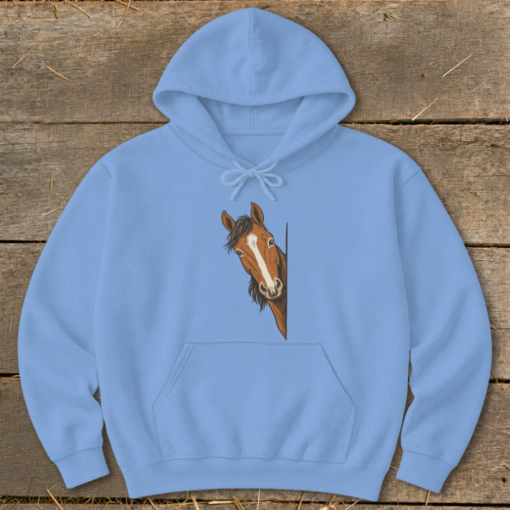 Light blue hoodie with a brown horse peeking from the side.
