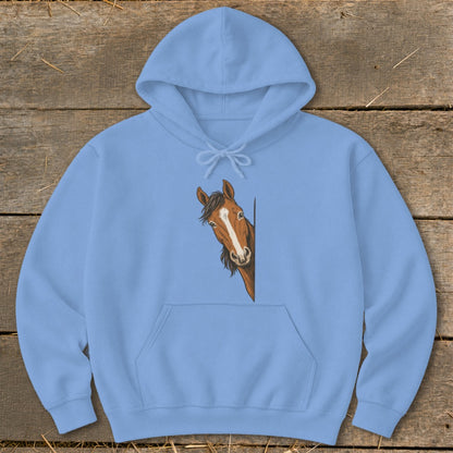 Light blue hoodie with a brown horse peeking from the side.