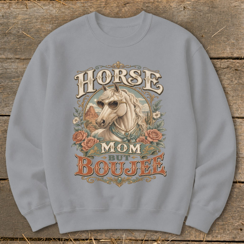Horse Mom But Boujee graphic with a horse wearing sunglasses and jewelry.