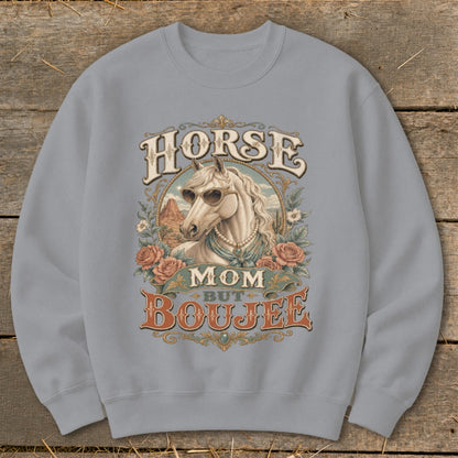 Horse Mom But Boujee graphic with a horse wearing sunglasses and jewelry.