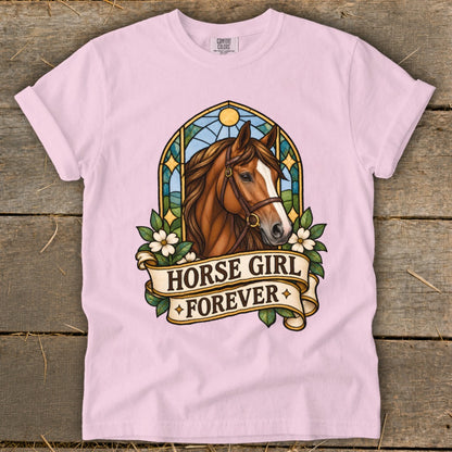 Pink t-shirt with a horse graphic and text "HORSE GIRL FOREVER".