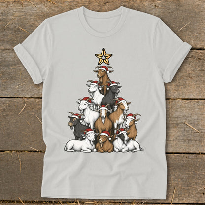 Goats stacked in a Christmas tree shape with Santa hats and a star topper.