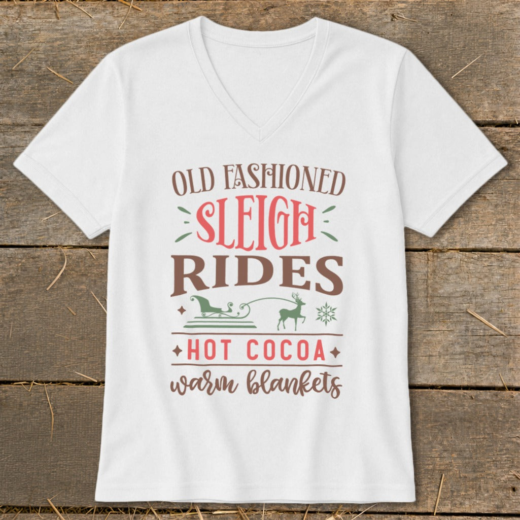 White v-neck t-shirt with "Old Fashioned Sleigh Rides Hot Cocoa Warm Blankets" text.