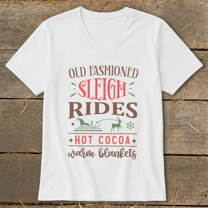 White v-neck t-shirt with "Old Fashioned Sleigh Rides Hot Cocoa Warm Blankets" text.