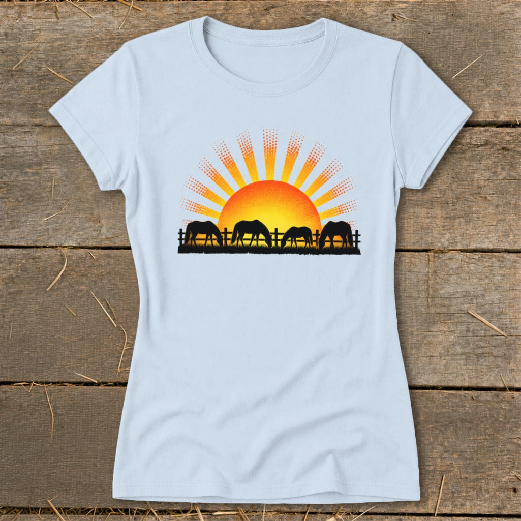 Four horses graze by a fence beneath a stylized sunrise graphic.