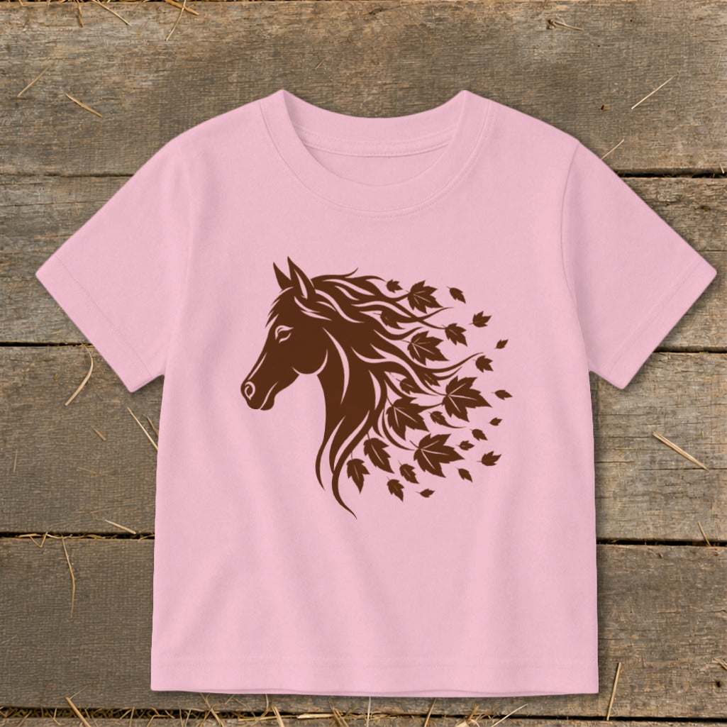 Pink t-shirt with brown horse head graphic and falling leaves design.