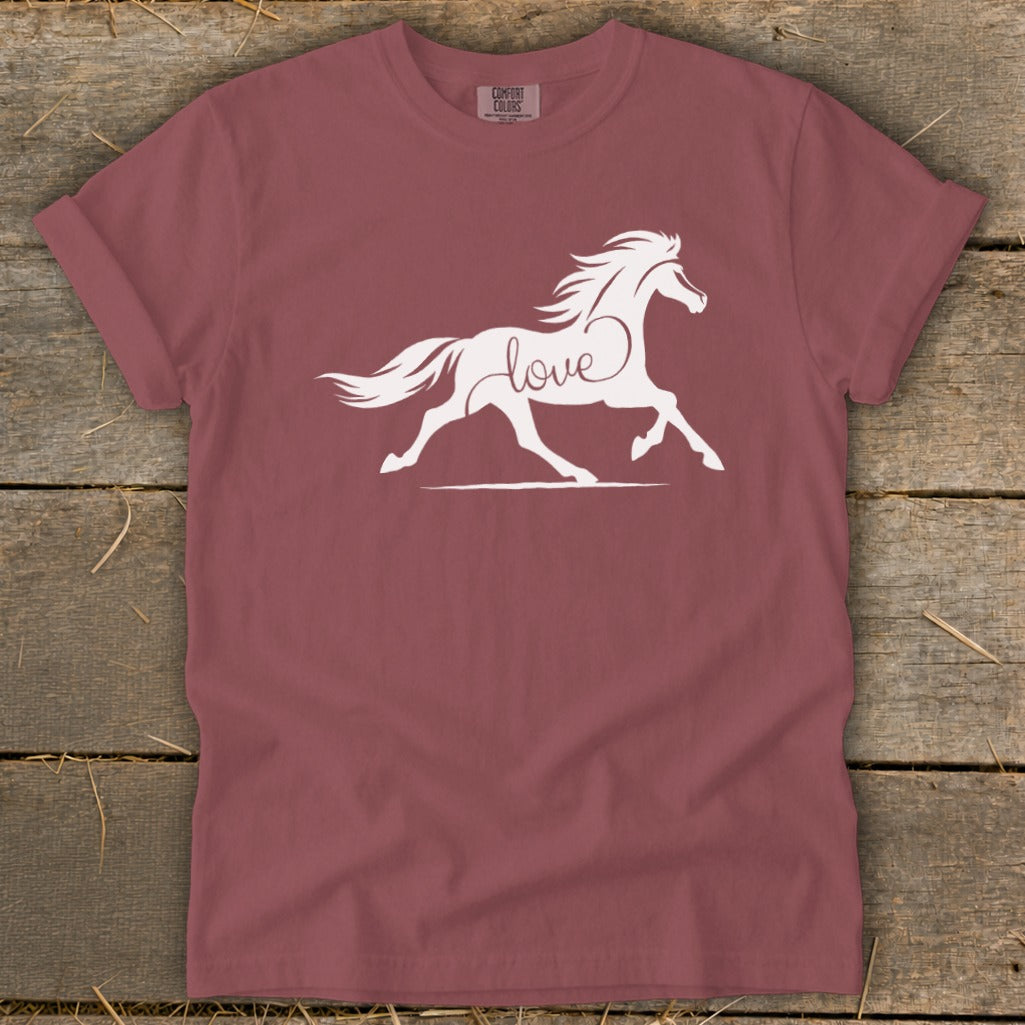 Maroon t-shirt with white silhouette of a running horse and the word "love".