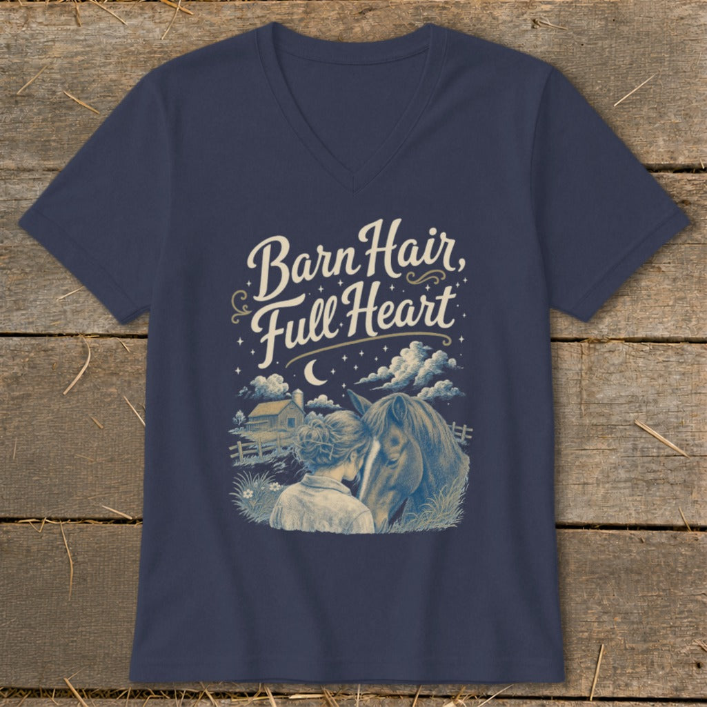Navy v-neck t-shirt with "Barn Hair, Full Heart" and a horse and rider.