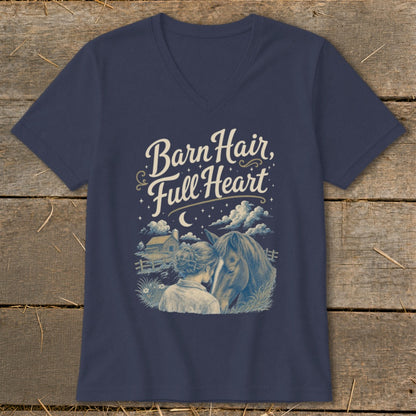 Navy v-neck t-shirt with "Barn Hair, Full Heart" and a horse and rider.