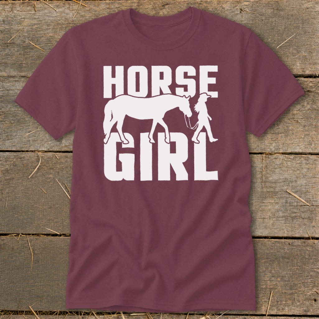 Maroon t-shirt with white "HORSE GIRL" text and silhouettes of a horse and rider.