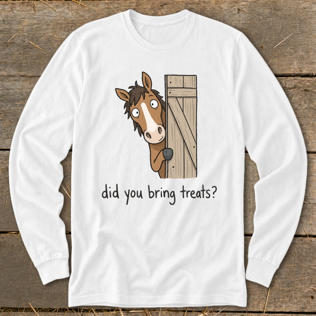 Cartoon horse peeking from behind a wooden gate, asking "did you bring treats?".