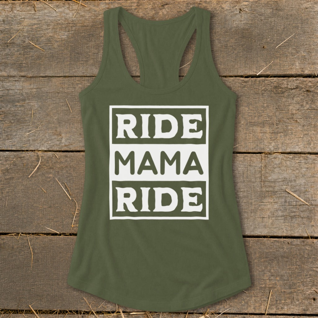 Green tank top with white text: RIDE MAMA RIDE.