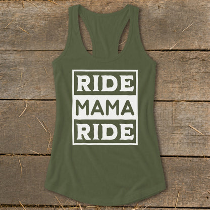 Green tank top with white text: RIDE MAMA RIDE.