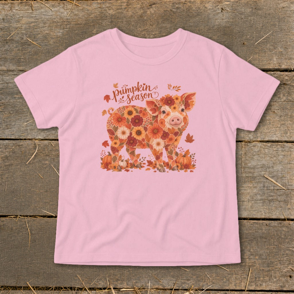 Pink t-shirt with a floral pig and "Pumpkin Season" text.