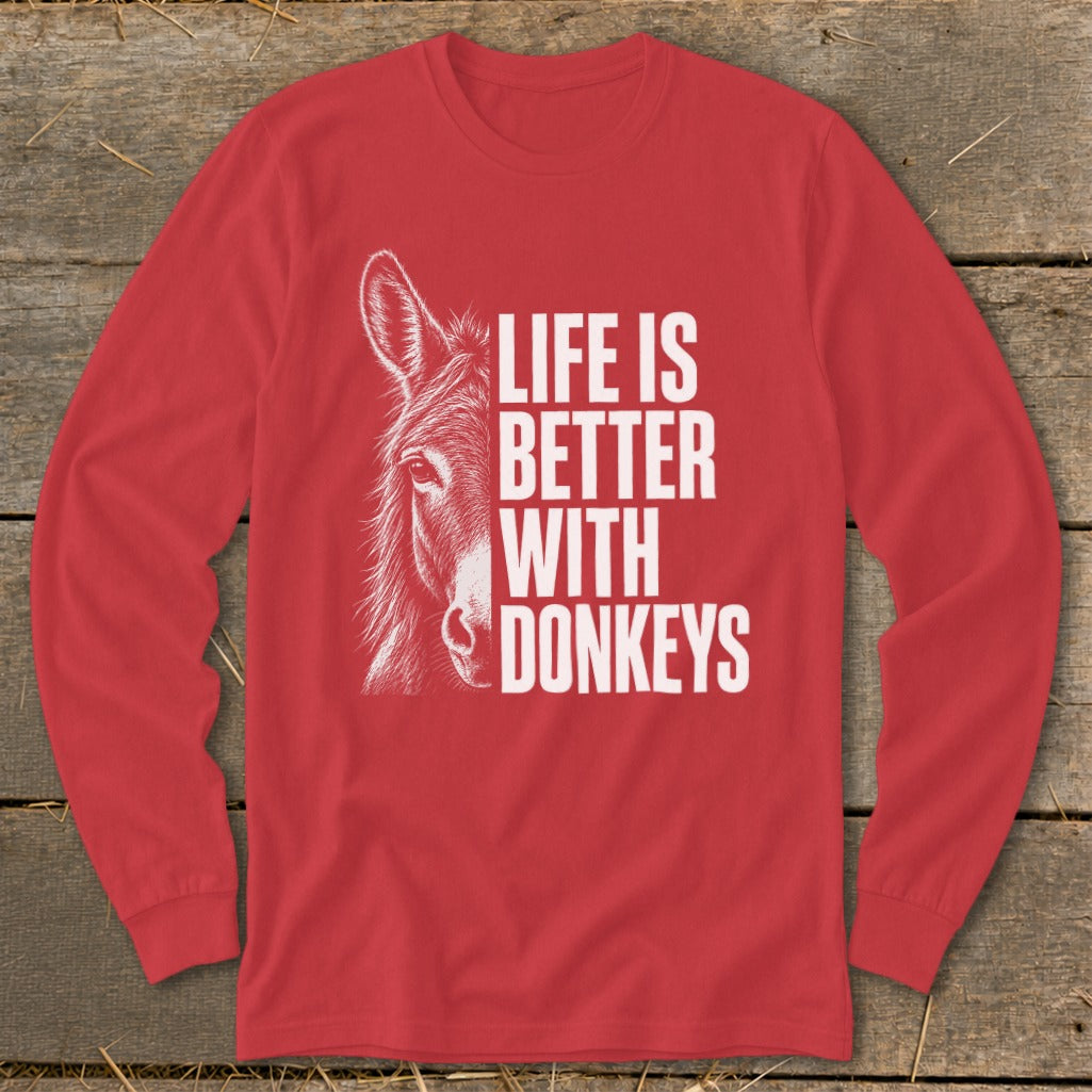 Red long-sleeve shirt with donkey illustration and "Life Is Better With Donkeys" text.