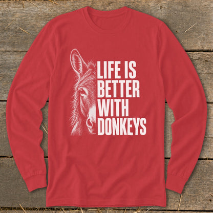 Red long-sleeve shirt with donkey illustration and "Life Is Better With Donkeys" text.