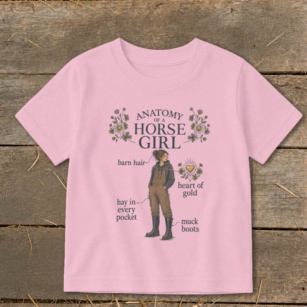 Pink t-shirt with "Anatomy of a Horse Girl" text and illustration.