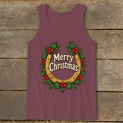 Maroon tank top with a horseshoe, holly, and "Merry Christmas" text graphic.