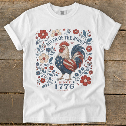 White t-shirt with patriotic rooster design and "Ruler of the Roost Since 1776" text.