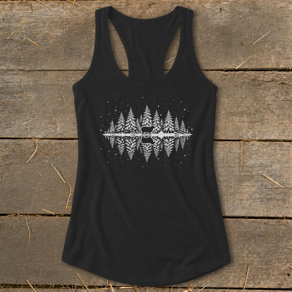 Black tank top with white graphic of pine trees and a guitar reflected in water.