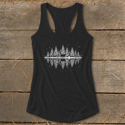 Black tank top with white graphic of pine trees and a guitar reflected in water.
