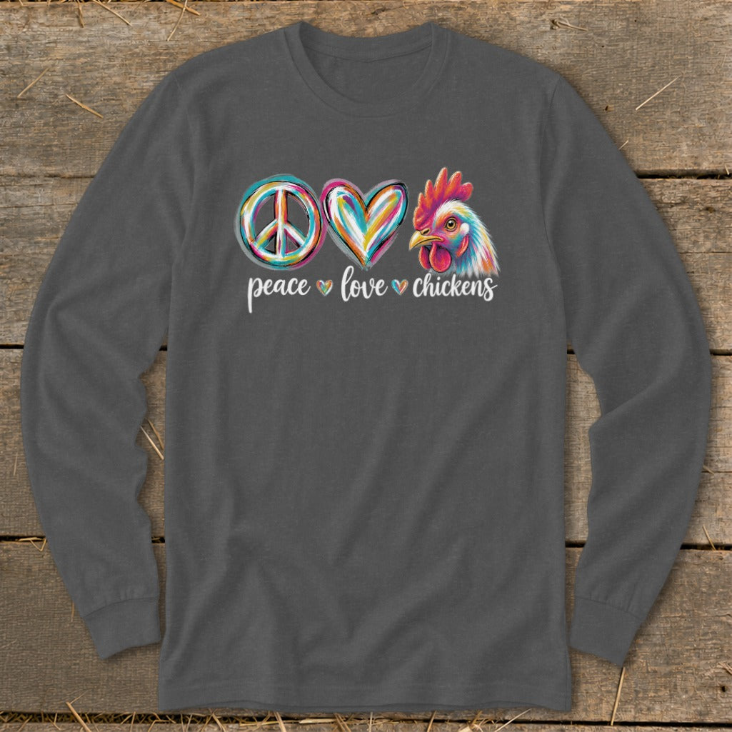 Long sleeve shirt with peace, love, and chicken graphic.