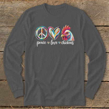 Long sleeve shirt with peace, love, and chicken graphic.