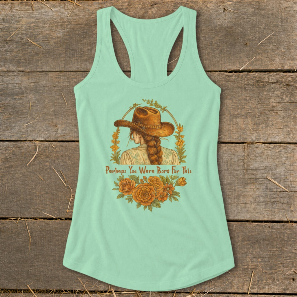 Mint green tank top with cowboy hat, braid, and orange flowers. "Perhaps You Were Born For This" text.