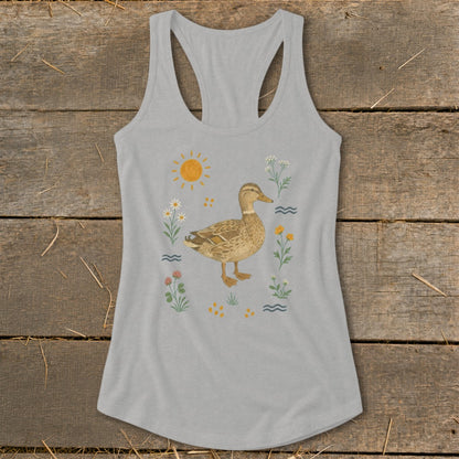 Gray tank top with a watercolor duck surrounded by flowers and a sun.