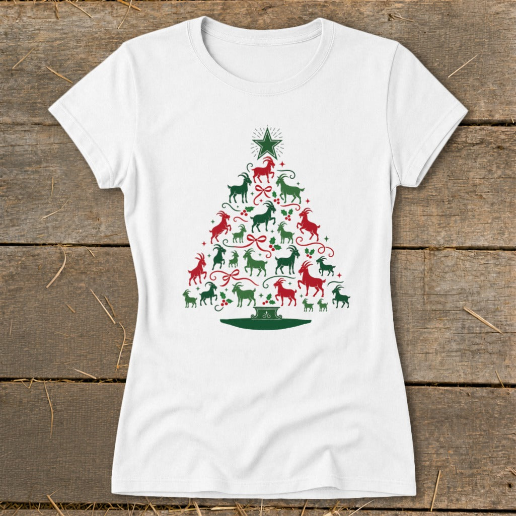 White t-shirt with a Christmas tree made of red and green goats.
