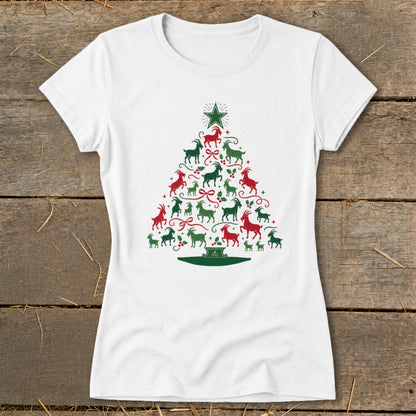 White t-shirt with a Christmas tree made of red and green goats.