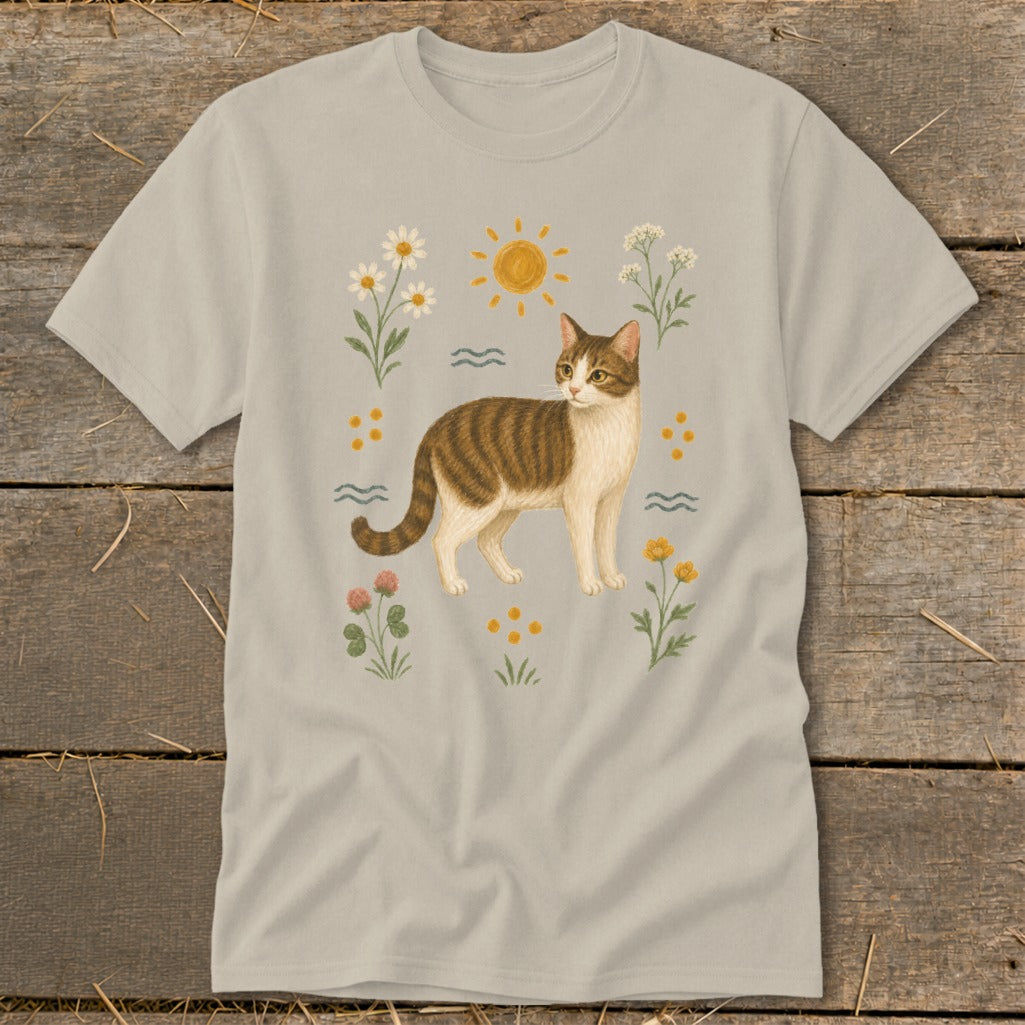 T-shirt with a brown and white cat surrounded by flowers and sun.