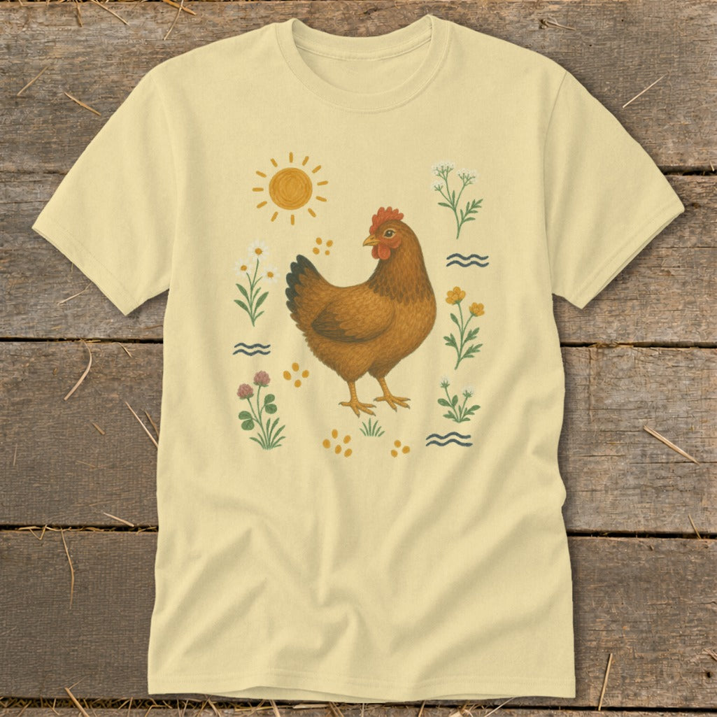 Light yellow t-shirt with a brown hen surrounded by wildflowers and a sun graphic.