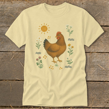 Light yellow t-shirt with a brown hen surrounded by wildflowers and a sun graphic.