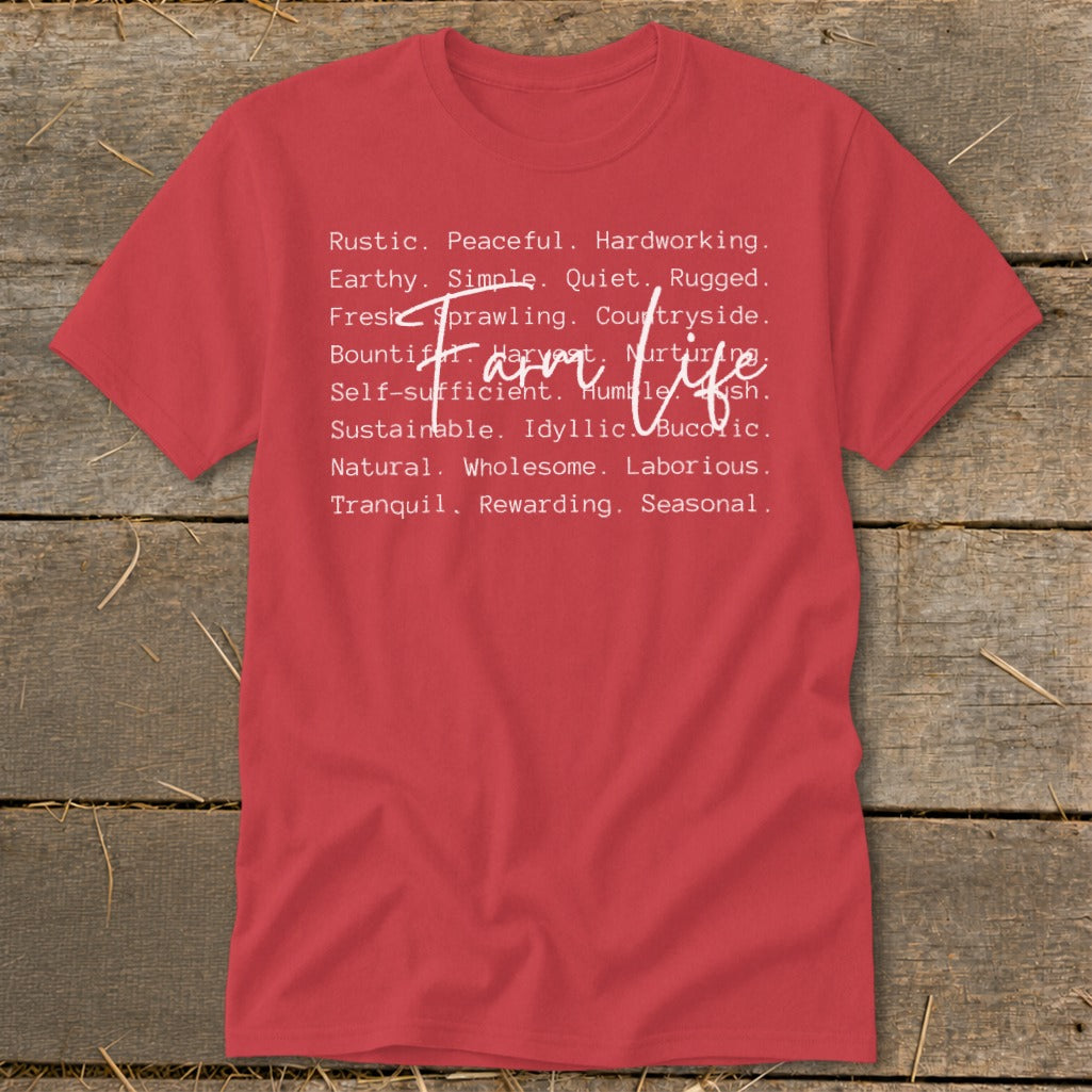 Red t-shirt with "Farm Life" and descriptive words in white.