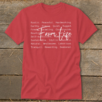 Red t-shirt with "Farm Life" and descriptive words in white.