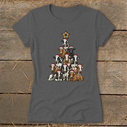Christmas tree made of cows wearing Santa hats, topped with a star.