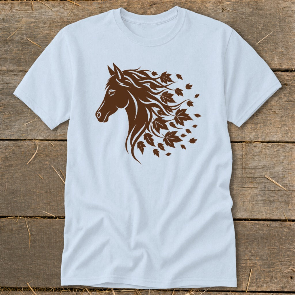 Light blue t-shirt with brown horse head graphic and falling leaves.