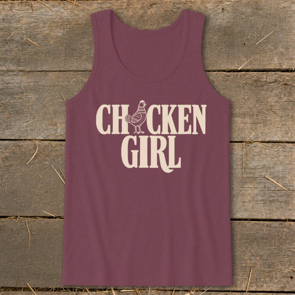 Burgundy tank top with "Chicken Girl" text and chicken graphic.