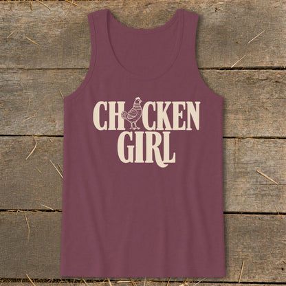 Burgundy tank top with "Chicken Girl" text and chicken graphic.