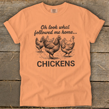 Orange t-shirt with "Oh look what followed me home... CHICKENS" and chicken illustration.