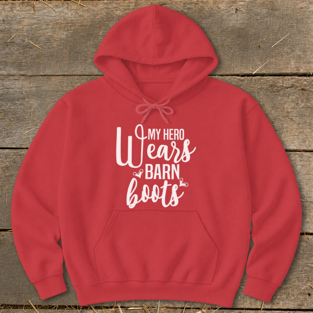 Red hoodie with white text "My Hero Wears Barn Boots".