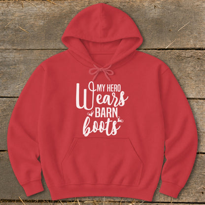 Red hoodie with white text "My Hero Wears Barn Boots".