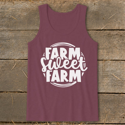 Maroon tank top with white text reading "Farm Sweet Farm" in a circle.